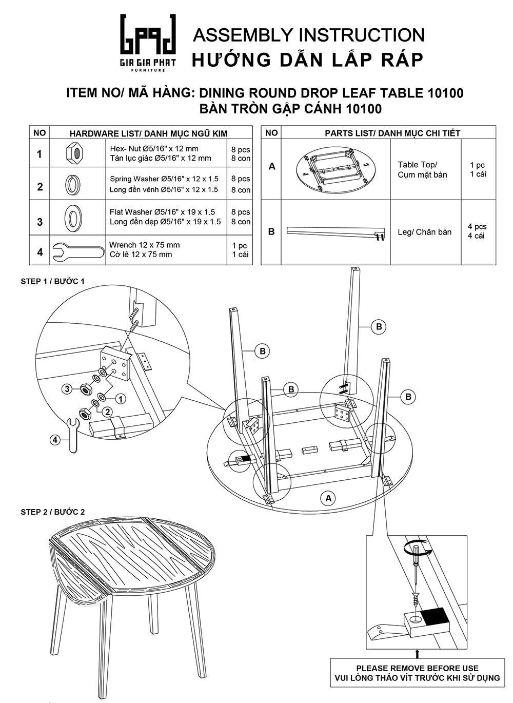 Bàn ăn tròn gấp gọn 2 bên mặt phủ veneer Bạch Dương 10100