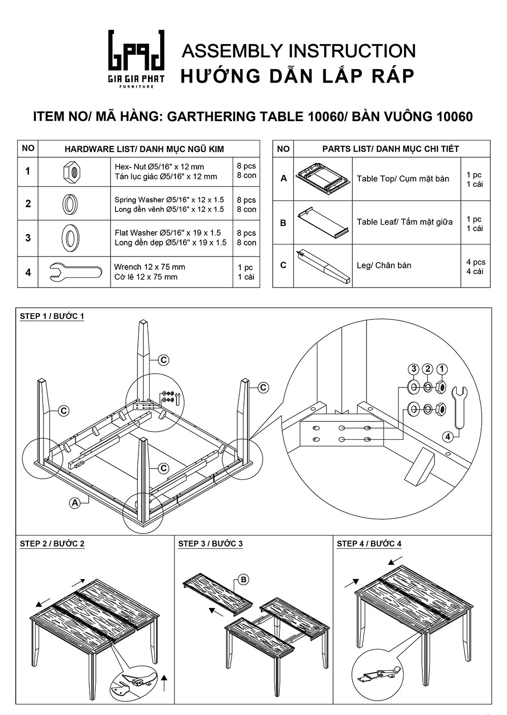 Bàn ăn vuông (Cao) mở rộng mặt bàn thông minh 10060