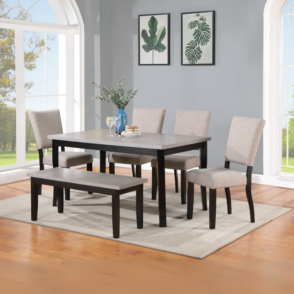 Bộ Bàn Ăn Chữ Nhật Mặt Phủ Veneer Gỗ Sồi Ghép Hoa, 4 Ghế Nệm Vải Poly, 1 Bench BBN05