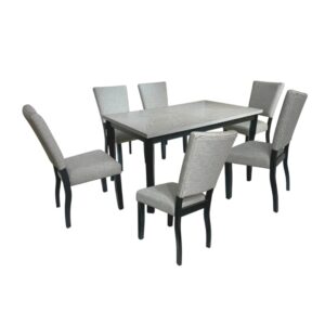 Bộ Bàn Ăn Màu Xám Mặt Veneer Gỗ Sồi Ghép Hoa, 6 Ghế Nệm BBN06