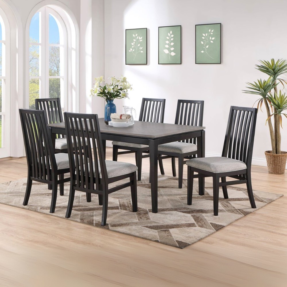 Bộ Bàn Ăn Chữ Nhật Mặt Phủ Veneer Gỗ Sồi Vân Núi 6 Ghế Nệm Vải Poly BBN04