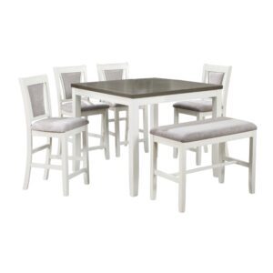 Bộ bàn ăn vuông (Cao) 4 ghế, 1 bench nệm vải Poly BBV06 màu xám - trắng