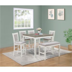 Bộ bàn ăn vuông (Cao) 4 ghế, 1 bench nệm vải Poly BBV06 màu xám - trắng