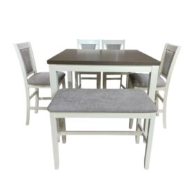 Bộ bàn ăn vuông (Cao) 4 ghế, 1 bench nệm vải Poly BBV06 màu xám - trắng