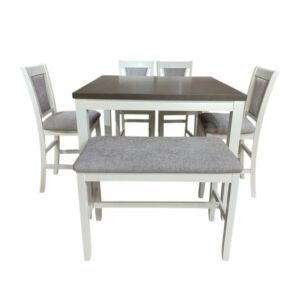 Bộ bàn ăn vuông (Cao) 4 ghế, 1 bench nệm vải Poly BBV06 màu xám - trắng