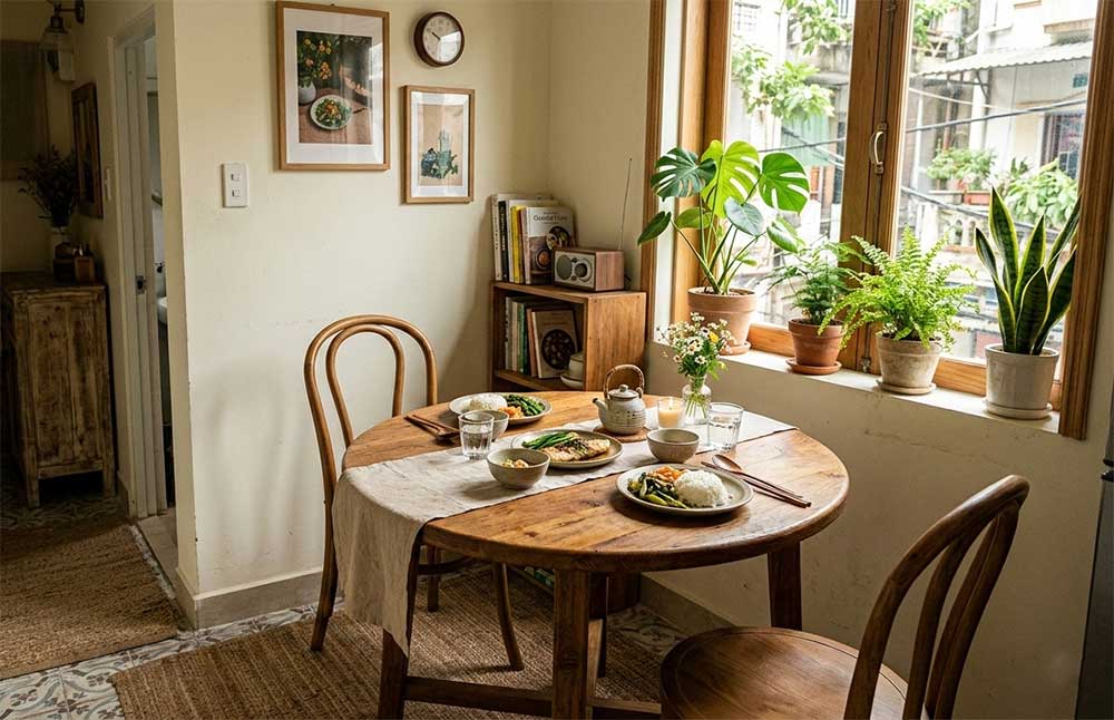 Bàn ăn tròn phù hợp với phòng nhỏ hoặc vuông