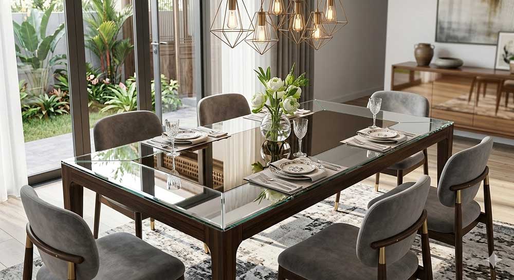 Bàn ăn mặt kính thuỷ trang trí