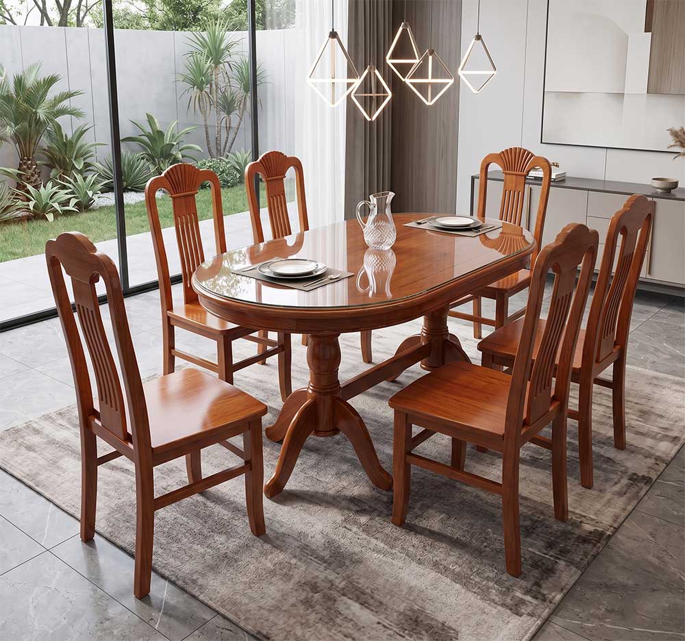 Bàn ăn gỗ xoan đào Oval 6 ghế