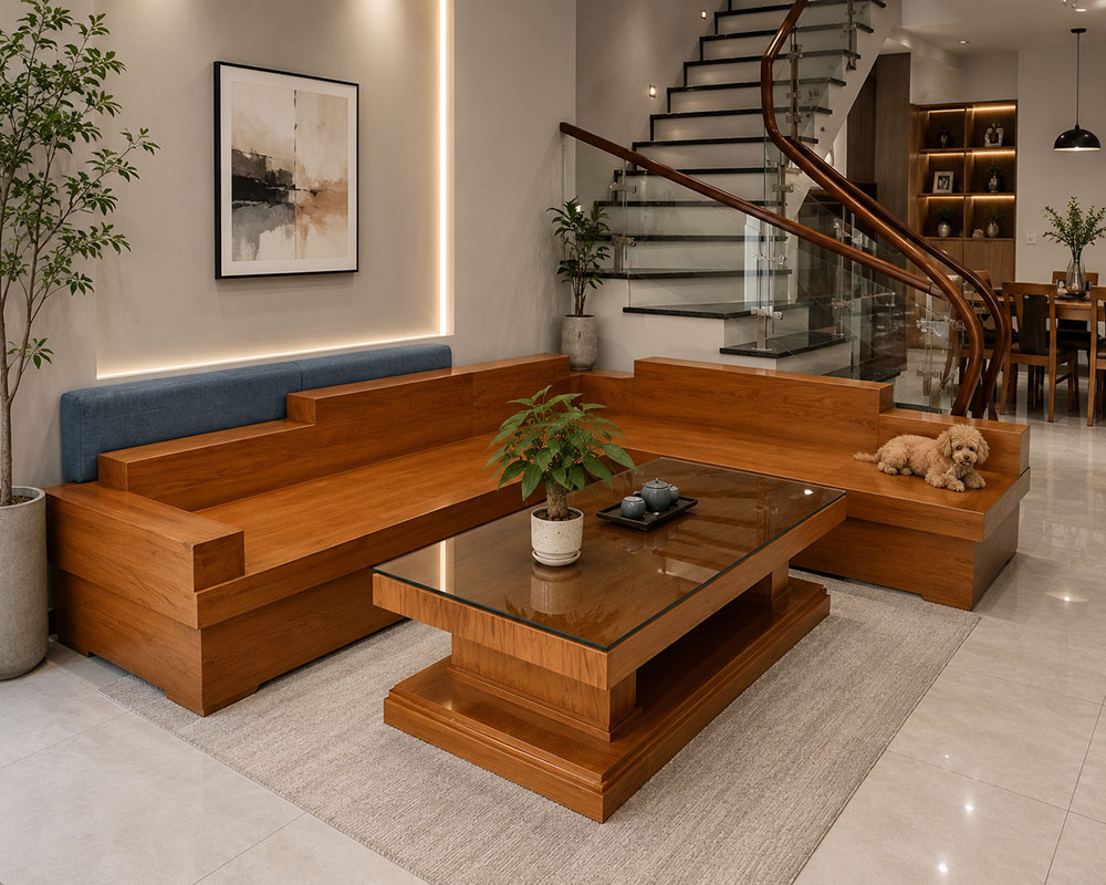 Bộ bàn ghế sofa chữ L gỗ nguyên khối