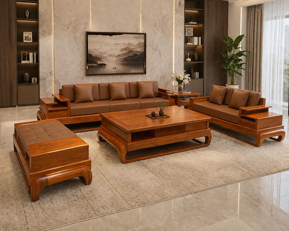 Bộ sofa chữ U gỗ gõ đỏ