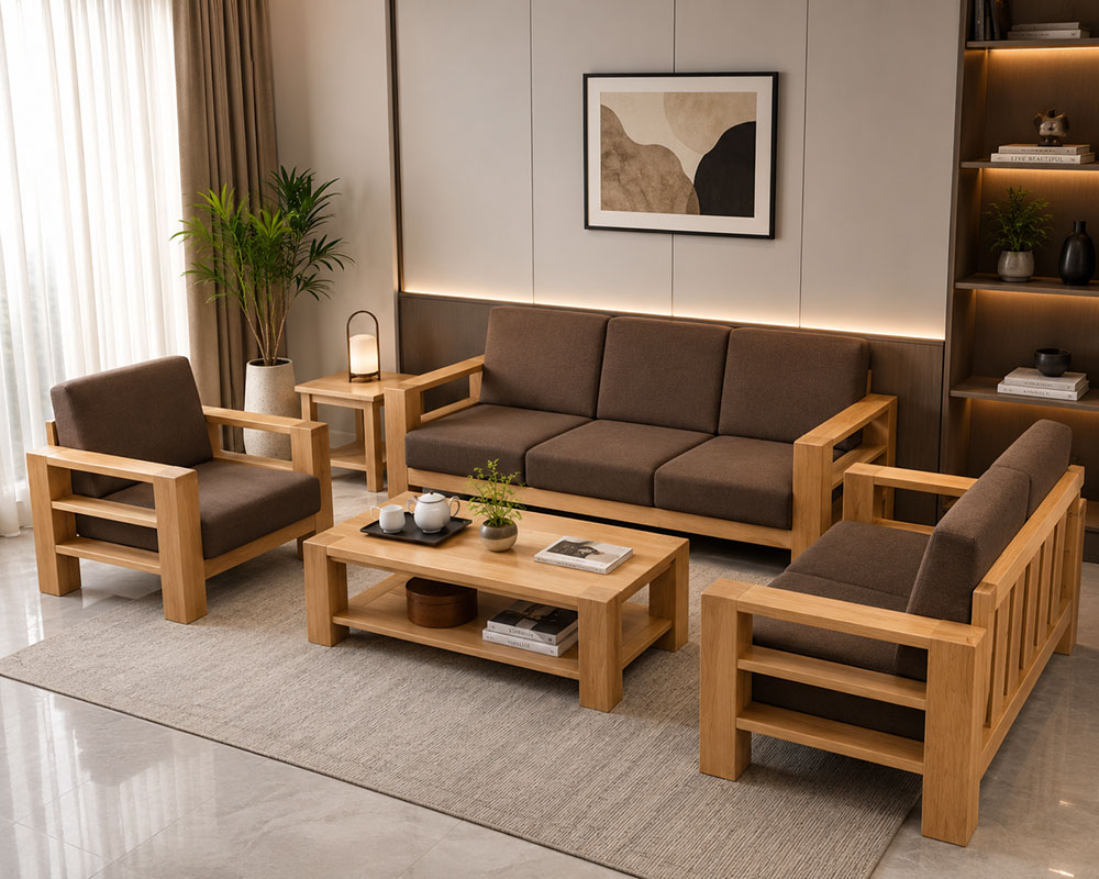 Bộ bàn ghế sofa gỗ sồi hiện đại