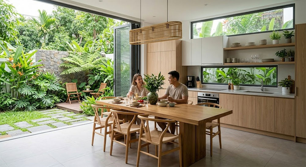Mẫu phòng ăn và bếp mở nối liền sân vườn Mẫu phòng ăn và bếp mở nối liền sân vườn