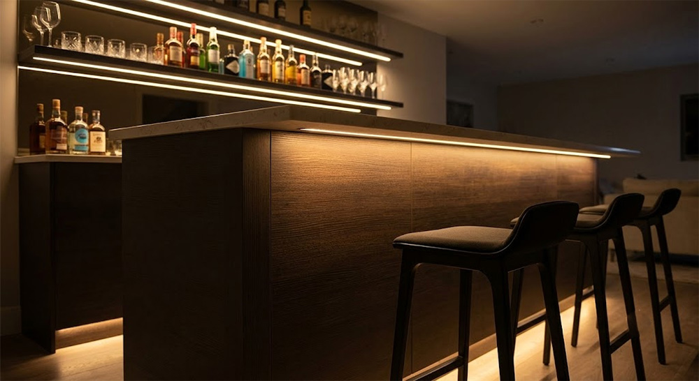 Quầy bar gỗ công nghiệp kết hợp đèn led bắt âm